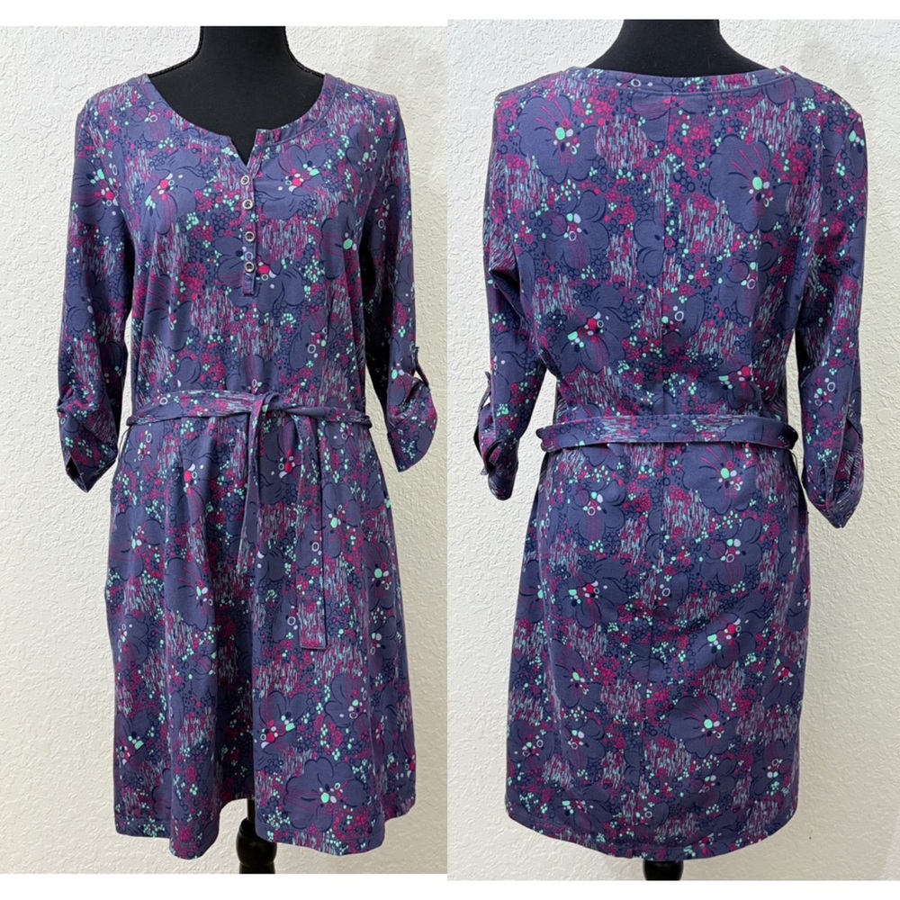 REI Co-Op Purple Print Button Henley Cotton Shirt Tunic Dress Top Belted…
